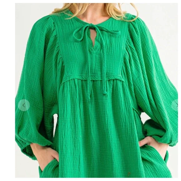 36 Boho Front Tie Neck Gauze Dress - Picture 3 of 5